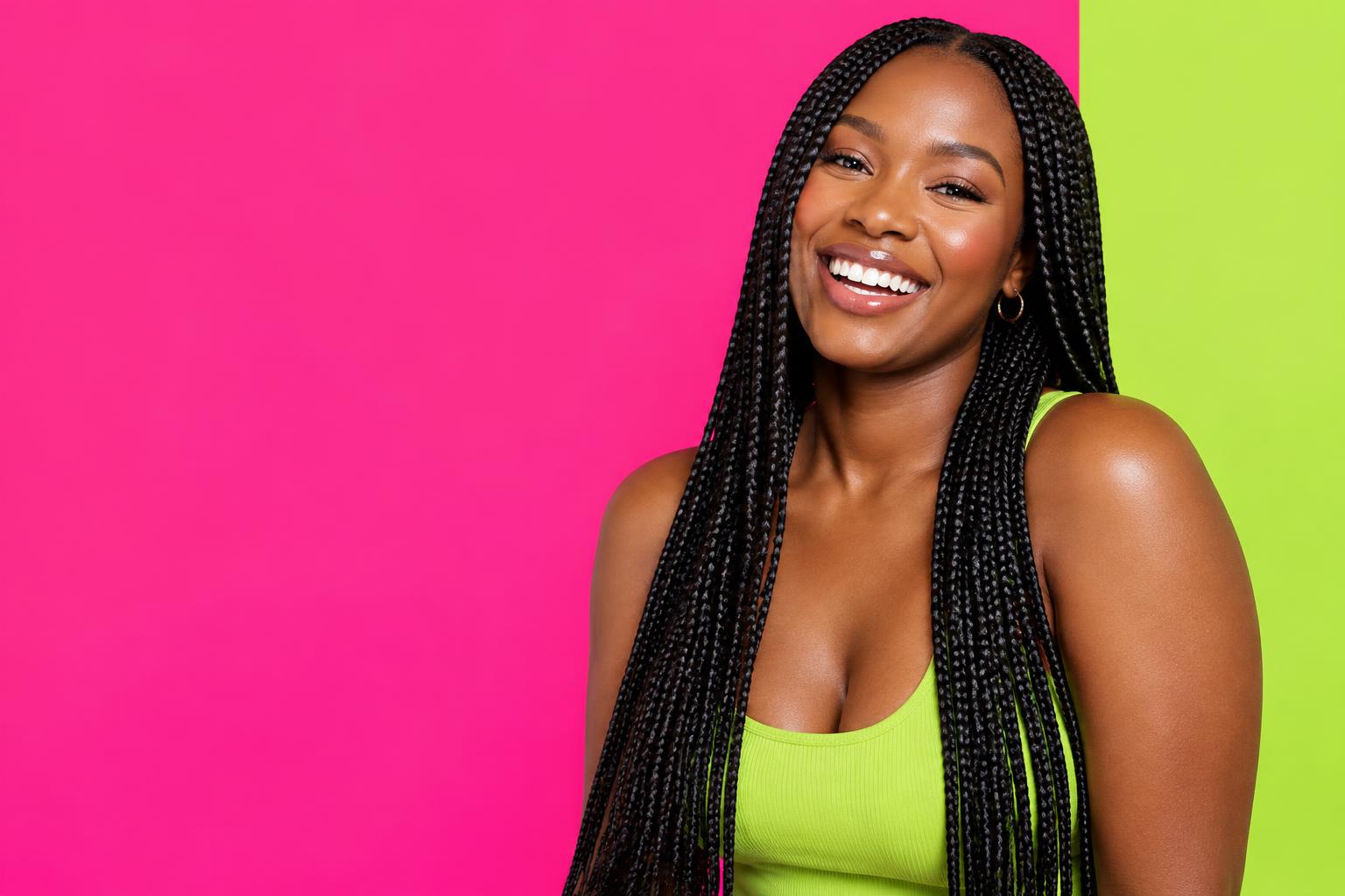 A woman with long box braids smiling, in the shop