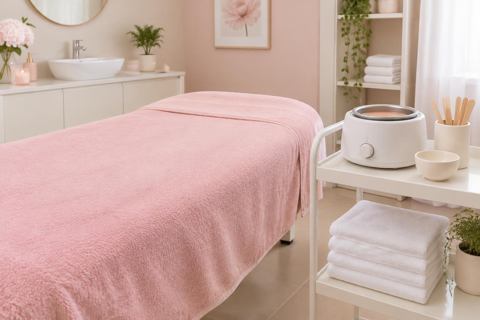 The private wax room at Ur1stopshop, with a pink throw, fresh towels and a warm wax pot